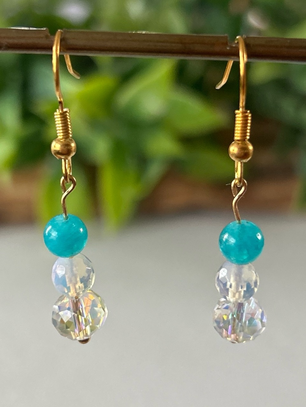 Gold Hook Earrings with Amazonite + Opalite Beads + Iridescent AB Crystal Drops